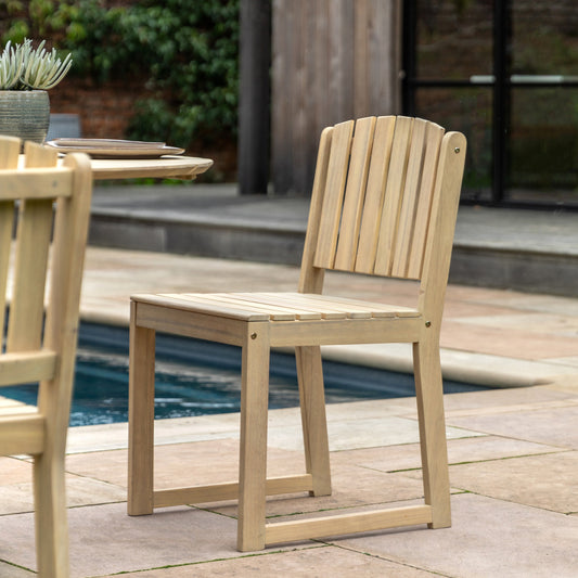 Gallery Garden Pair of Rialto Dining Chairs feature a slatted backrest and seat with a premium acacia wood frame