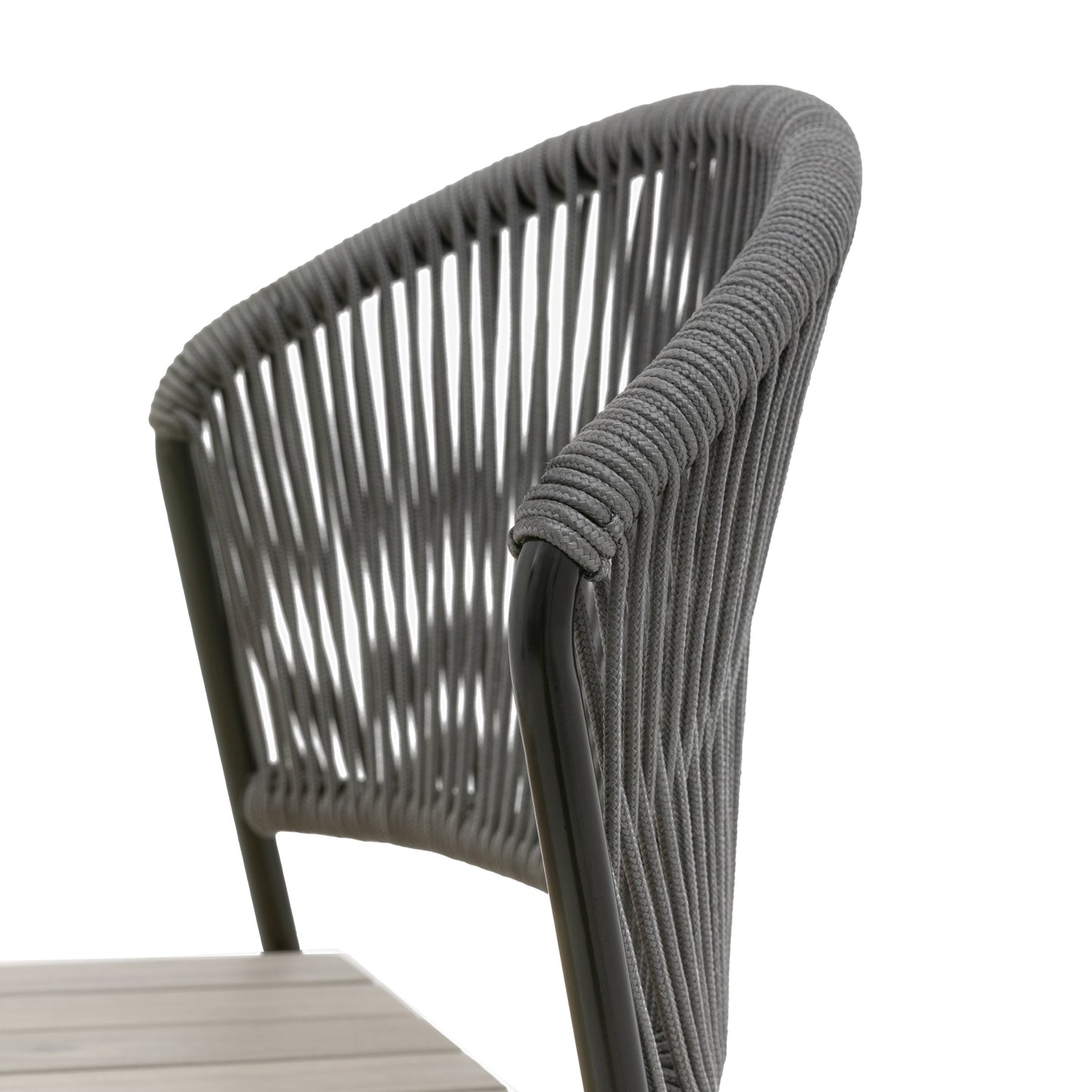 Gallery Garden Taranto Dining Chairs feature an acacia wood seat, woven rope backrest and black metal frame