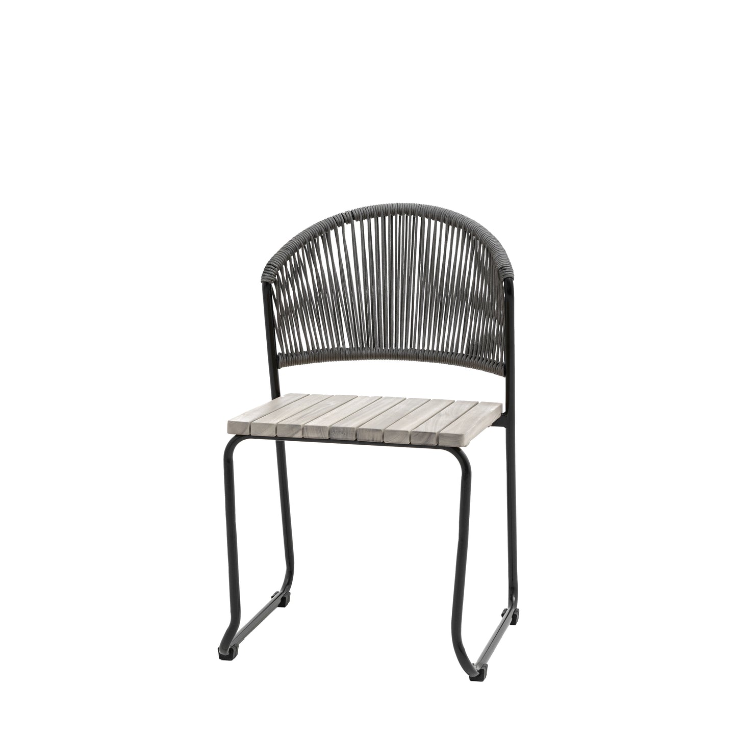 Gallery Garden Pair of Taranto Dining Chairs feature a grey acacia slatted seat on a black metal frame with a rope woven backrest