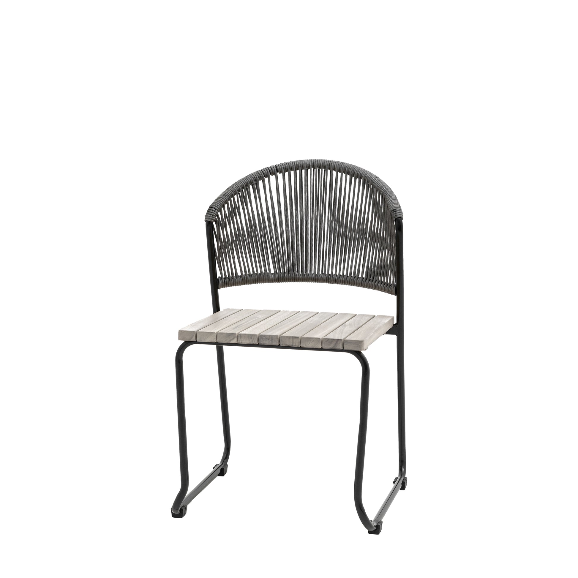 Gallery Garden Pair of Taranto Dining Chairs feature a grey acacia slatted seat on a black metal frame with a rope woven backrest