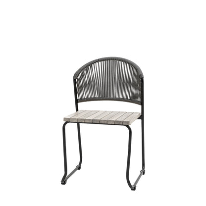 Gallery Garden Pair of Taranto Dining Chairs feature a grey acacia slatted seat on a black metal frame with a rope woven backrest