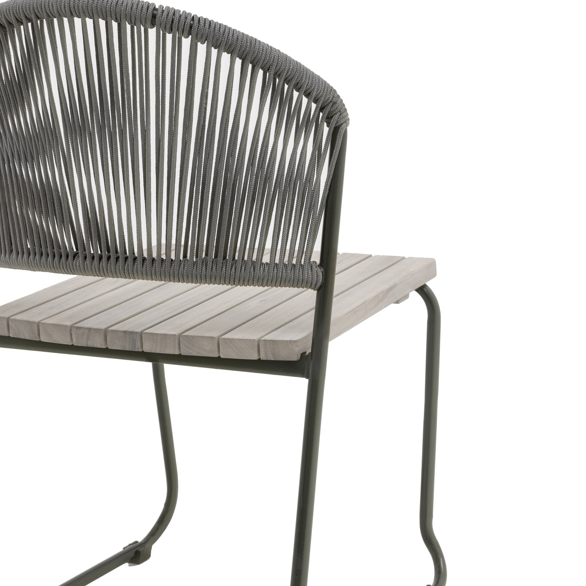 Gallery Garden Pair of Taranto Dining Chairs feature a black metal frame with acacia wood slatted seat and a rope woven backrest 