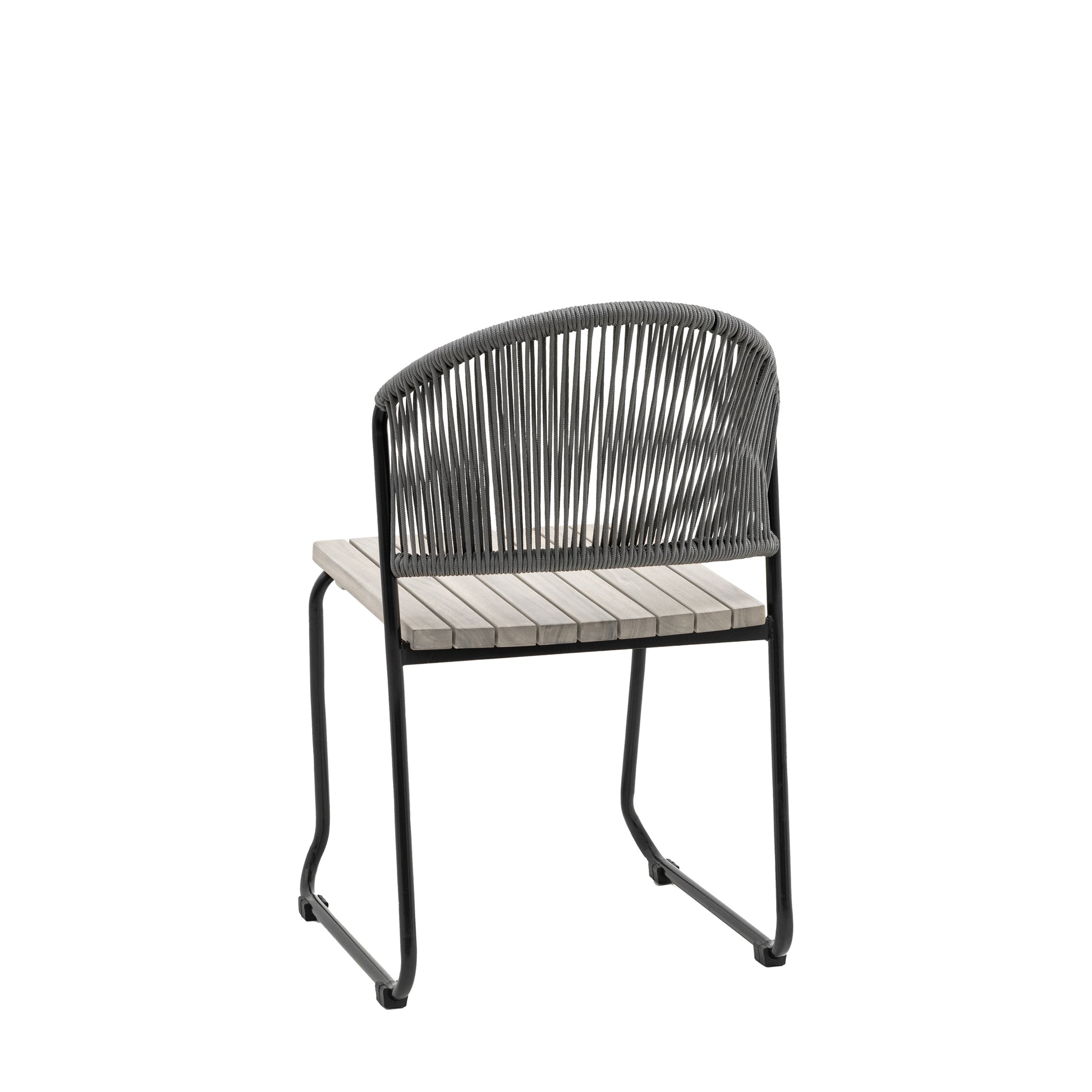 Gallery Garden Taranto Dining Chairs feature an acacia slatted wood seat with black metal frame and woven rope backrest 
