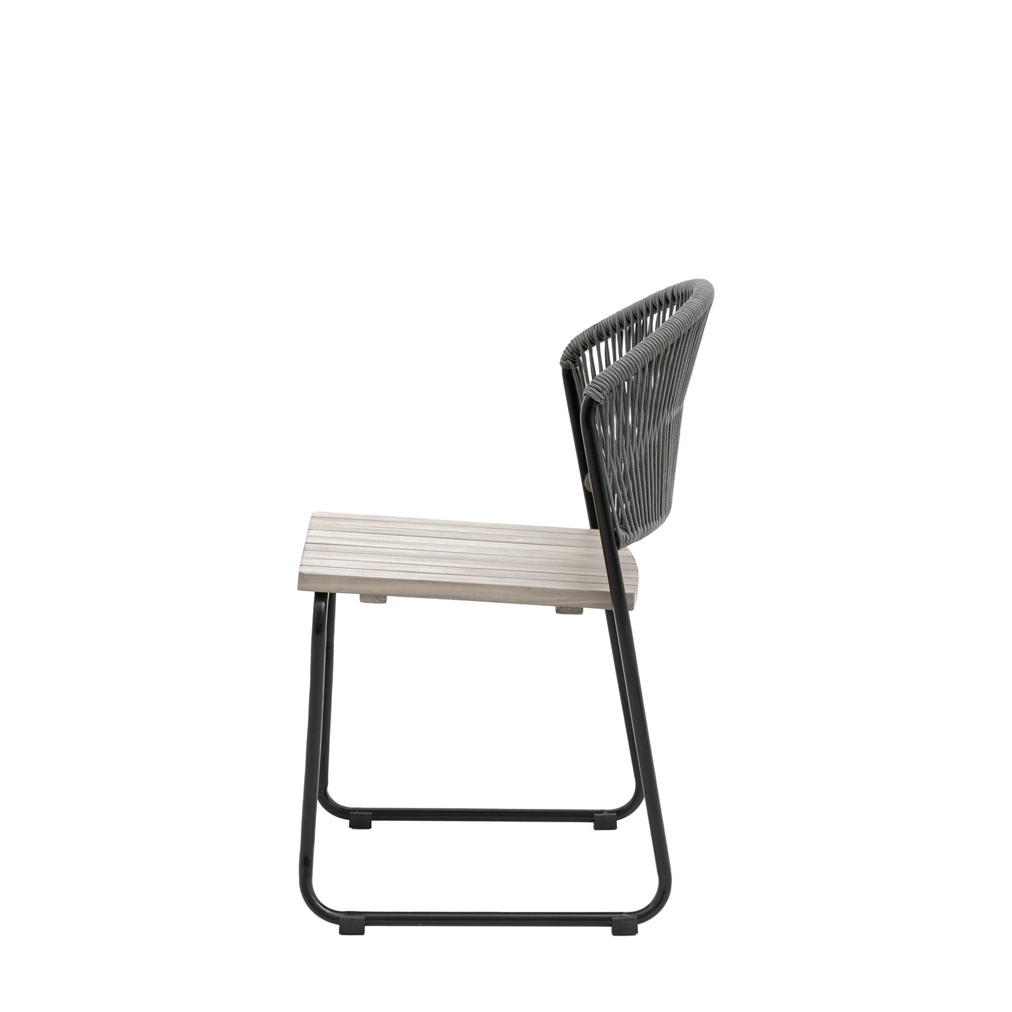 Gallery Garden Pair of Taranto Dining Chairs crafted from acacia wood with a rope woven backrest and a black powder coated metal frame