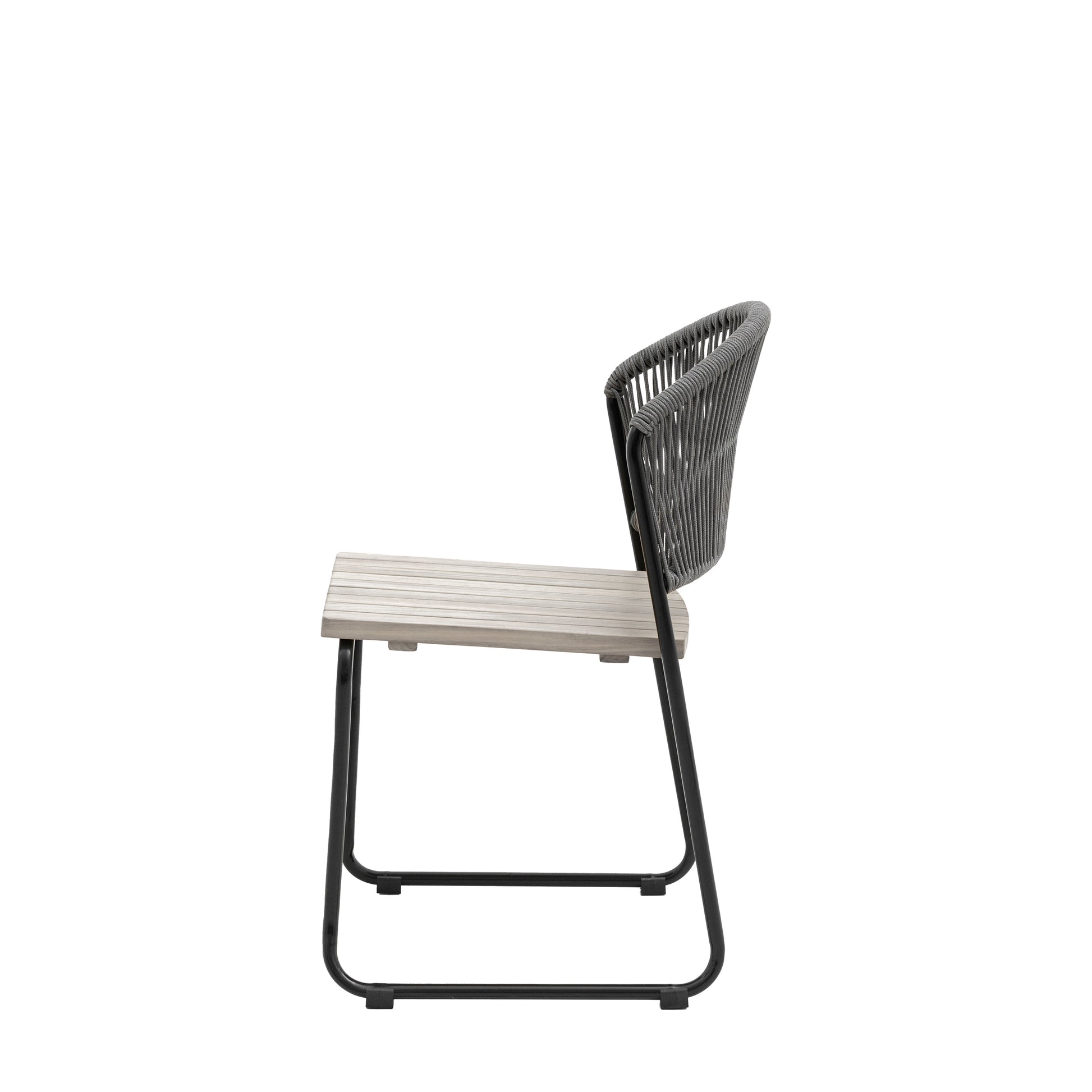 Gallery Garden Pair of Taranto Dining Chairs crafted from acacia wood with a rope woven backrest and a black powder coated metal frame