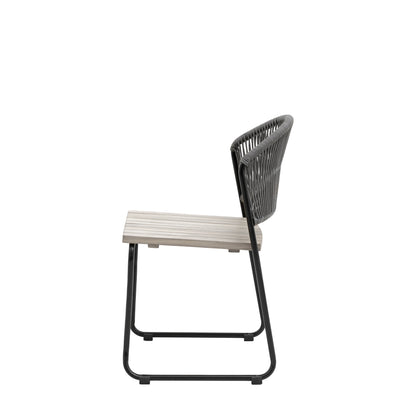 Gallery Garden Pair of Taranto Dining Chairs crafted from acacia wood with a rope woven backrest and a black powder coated metal frame