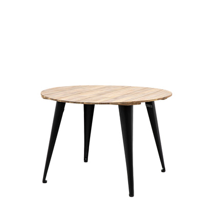 Gallery Garden Ponza Round Dining Table can seat up to 4 people and features a natural acacia wood table top with bold dark powder coated iron legs