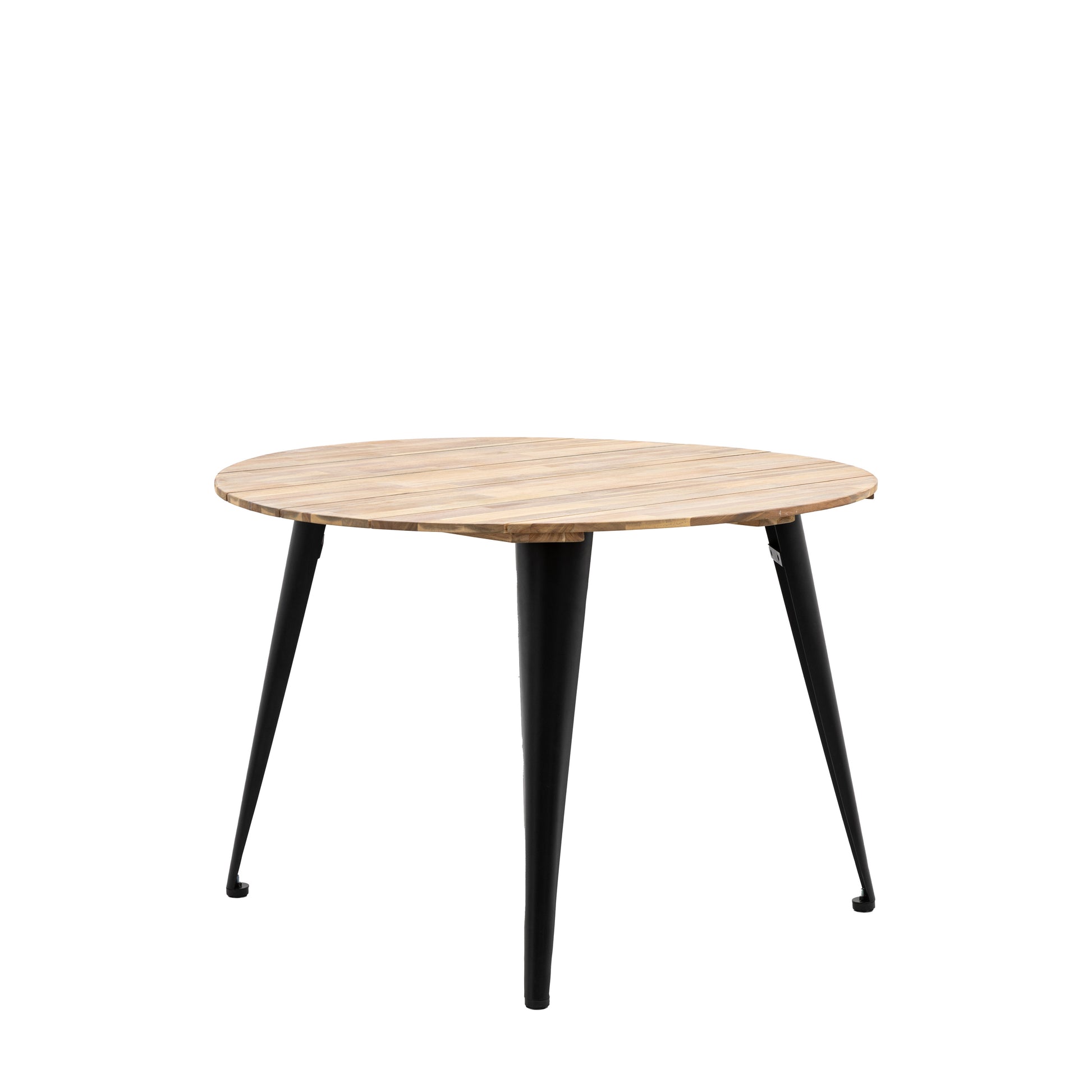 Gallery Garden Ponza Round 4 Seater Dining Table with a natural acacia wood table top and dark powder coated iron legs 