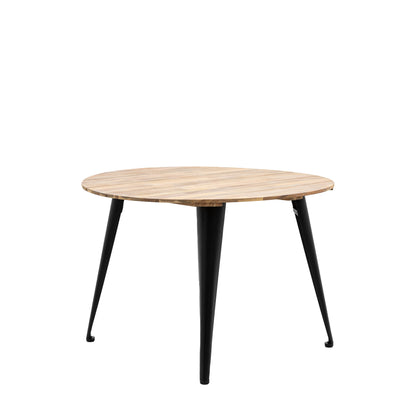 Gallery Garden Ponza Round 4 Seater Dining Table with a natural acacia wood table top and dark powder coated iron legs 