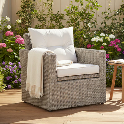 Gallery Garden Porto Storage Armchair is a sophisticated outdoor chair with under seat storage function, grey wicker frame and comfortable natural colour cushions