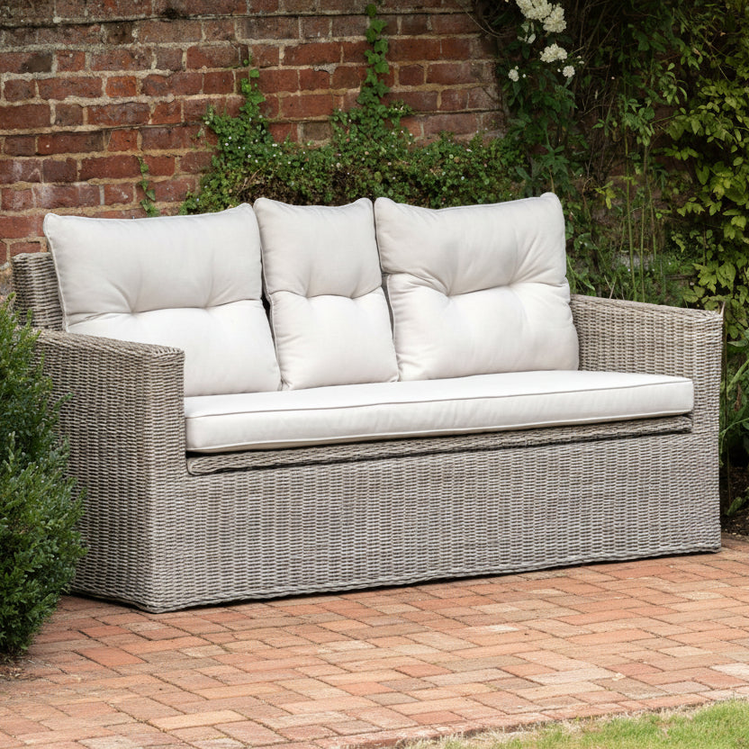 Gallery Garden Porto 2 Seater Storage Sofa is constructed from grey toned premium PE wicker, with under seat storage and plush natural coloured seat cushions 