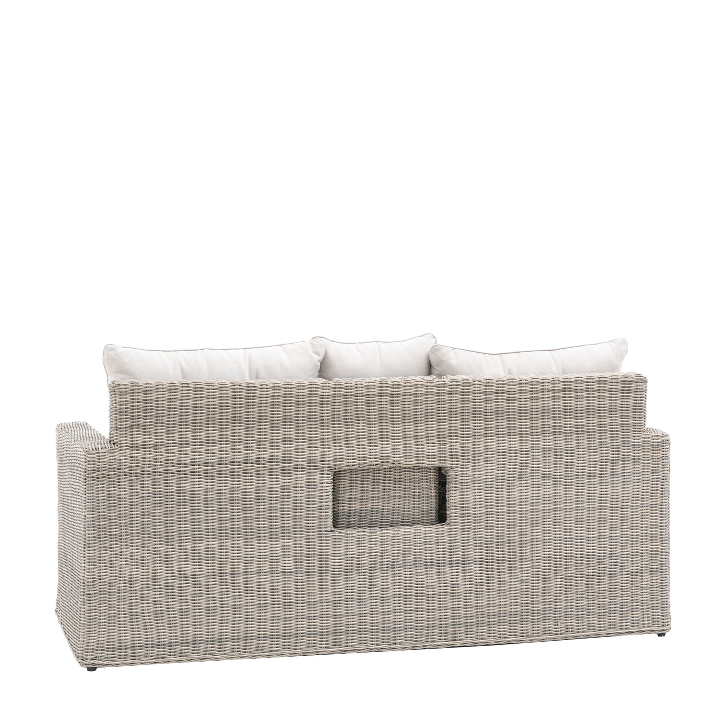Gallery Garden Porto Storage Sofa 2 Seater constructed from grey toned PE wicker with neutral coloured plush cushions