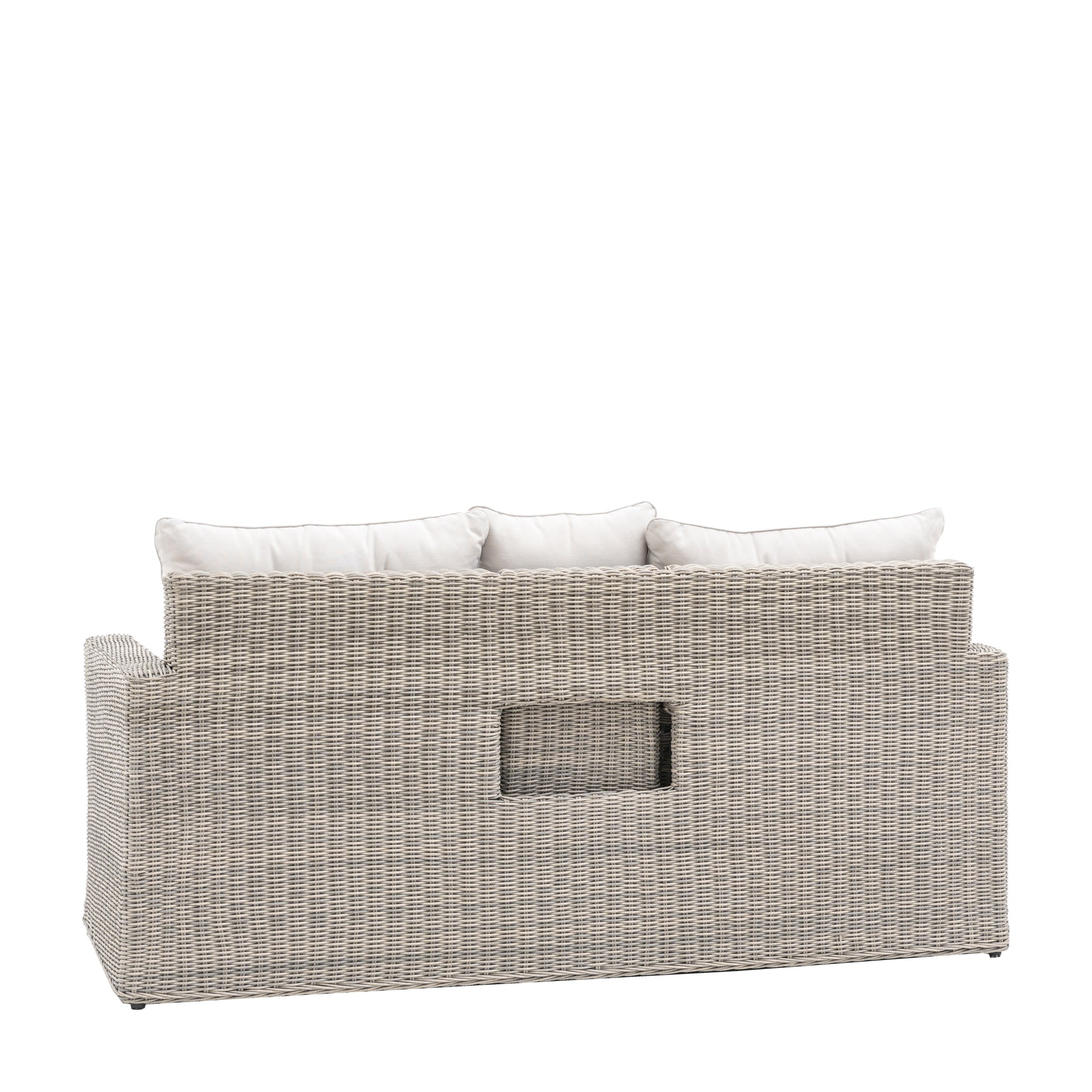 Gallery Garden Porto Storage Sofa 2 Seater constructed from grey toned PE wicker with neutral coloured plush cushions