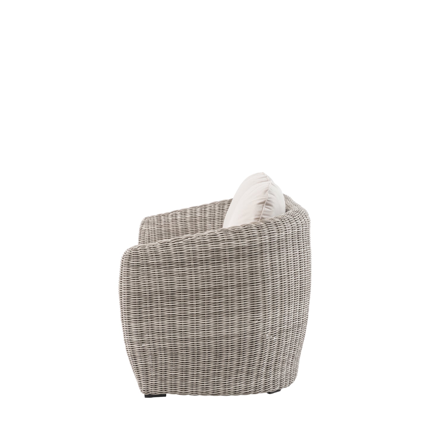 Gallery Garden Positano 2 Seater Sofa features a curved woven wicker frame in a sophisticated grey tone, with natural colour seat cushions