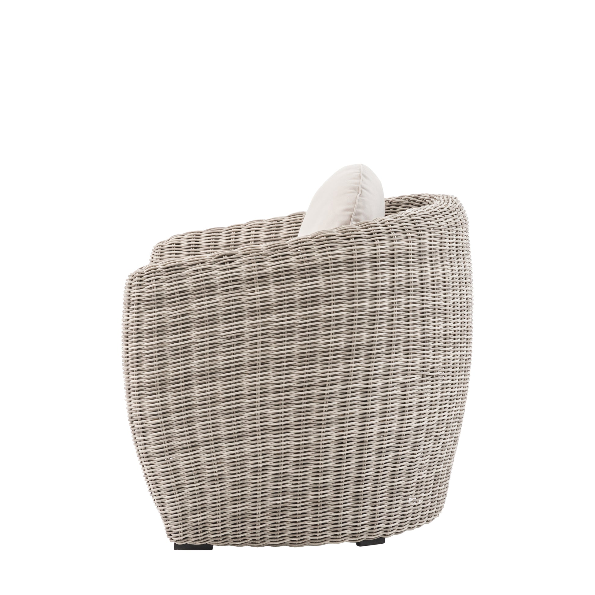 Gallery Garden Positano Armchair features a curved design made from woven plastic wicker, with natural coloured seat cushions