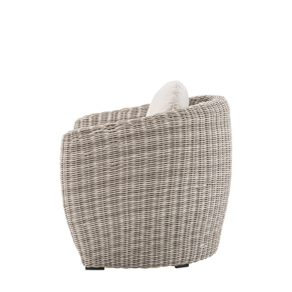 Gallery Garden Positano Armchair features a curved design made from woven plastic wicker, with natural coloured seat cushions