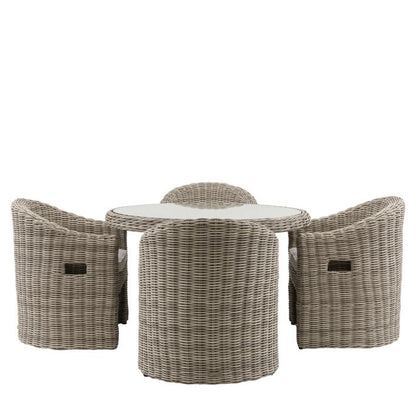 Gallery Garden Ragusa 4 Seater Dining Set features a round glass topped table and 4 matching chairs with seat cushions