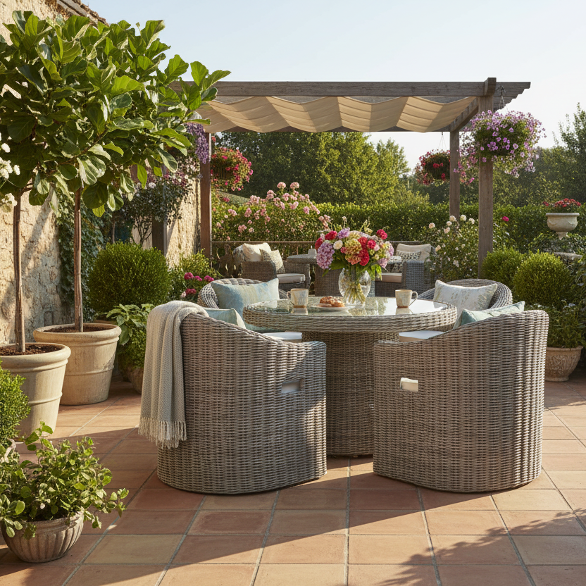 The Gallery Garden Ragusa 4 Seater Dining Set features four poly rattan weave chairs with premium thick cushions and a matching glass topped round dining table 