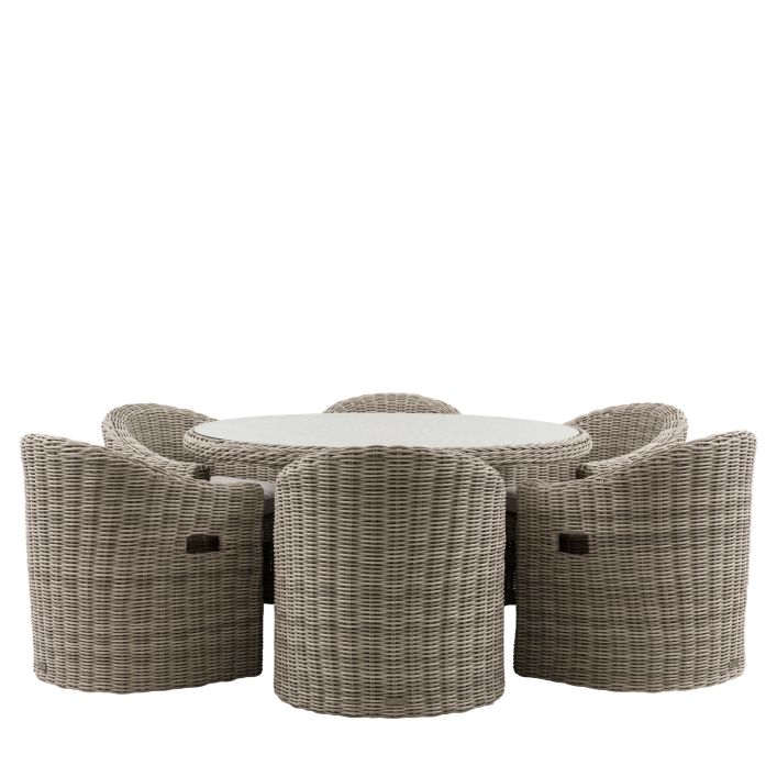 Gallery Garden Ragusa 6 Seater Dining Set features a round glass topped table and 6 chairs with premium seat pads
