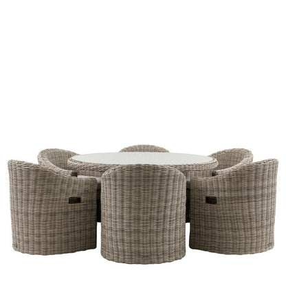Gallery Garden Ragusa 6 Seater Dining Set features a round glass topped table and 6 chairs with premium seat pads