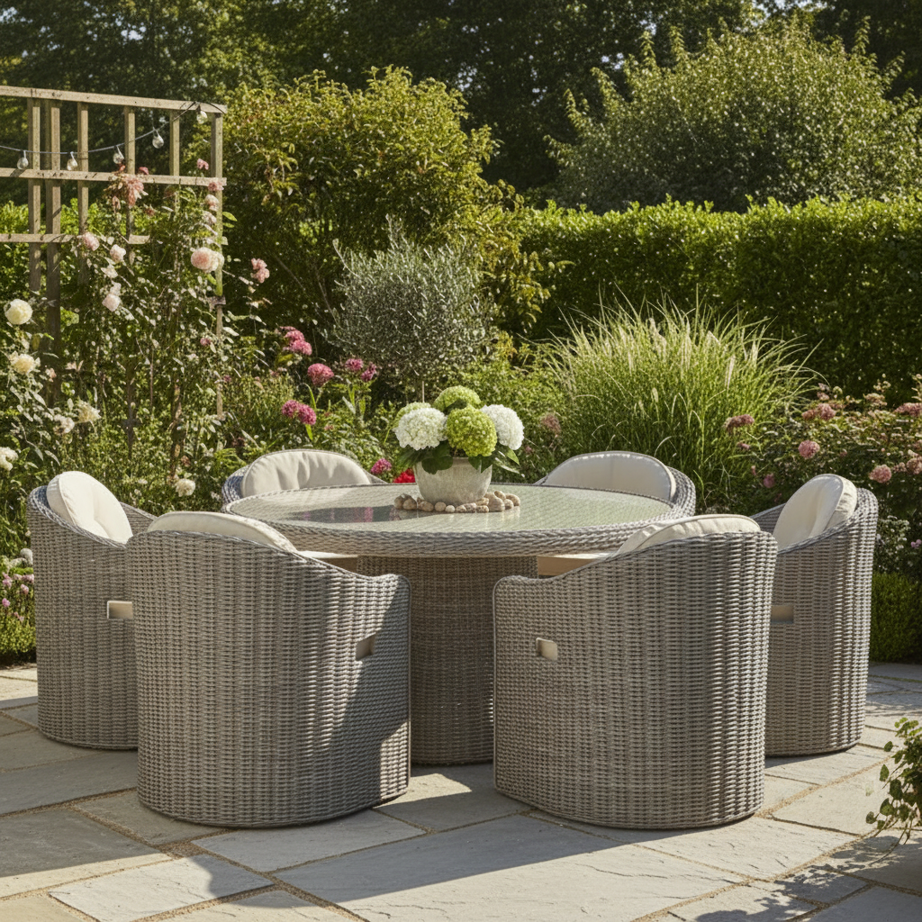 The Gallery Garden Ragusa 6 Seater Dining Set features six poly rattan weave chairs with premium thick cushions, and a matching glass top round dining table