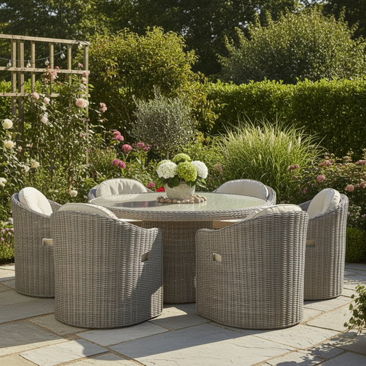 The Gallery Garden Ragusa 6 Seater Dining Set features six poly rattan weave chairs with premium thick cushions, and a matching glass top round dining table
