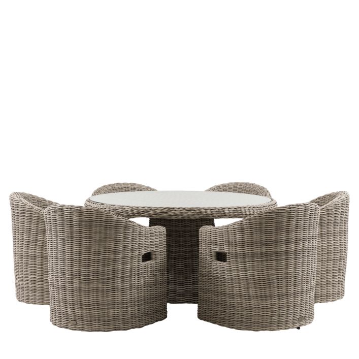 Gallery Garden Ragusa 6 Seater Dining Set features 6 poly rattan chairs with premium seat pads and a matching round, glass topped table