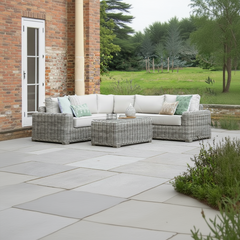 Gallery Garden Ragusa Corner Set consists of a corner sofa and a glass top coffee table, made from rounded weave rattan with luxuriously padded cushions included