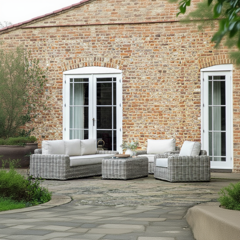 The Gallery Garden Ragusa Outdoor Lounge Set features a 3 seater sofa and 2 armchairs, all with comfortable padded seat and backrest cushions, plus a glass top rectangular coffee table is included