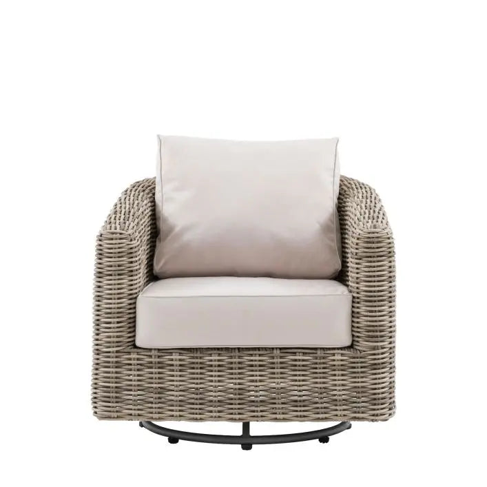 Gallery Garden Ragusa Swivel Chair is constructed from a durable poly rattan and aluminium frame with 360 degree swivel mechanism and generously padded seat and back cushions