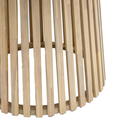 Gallery Garden Rialto Round Dining Table features a striking slatted base in a natural acacia wood