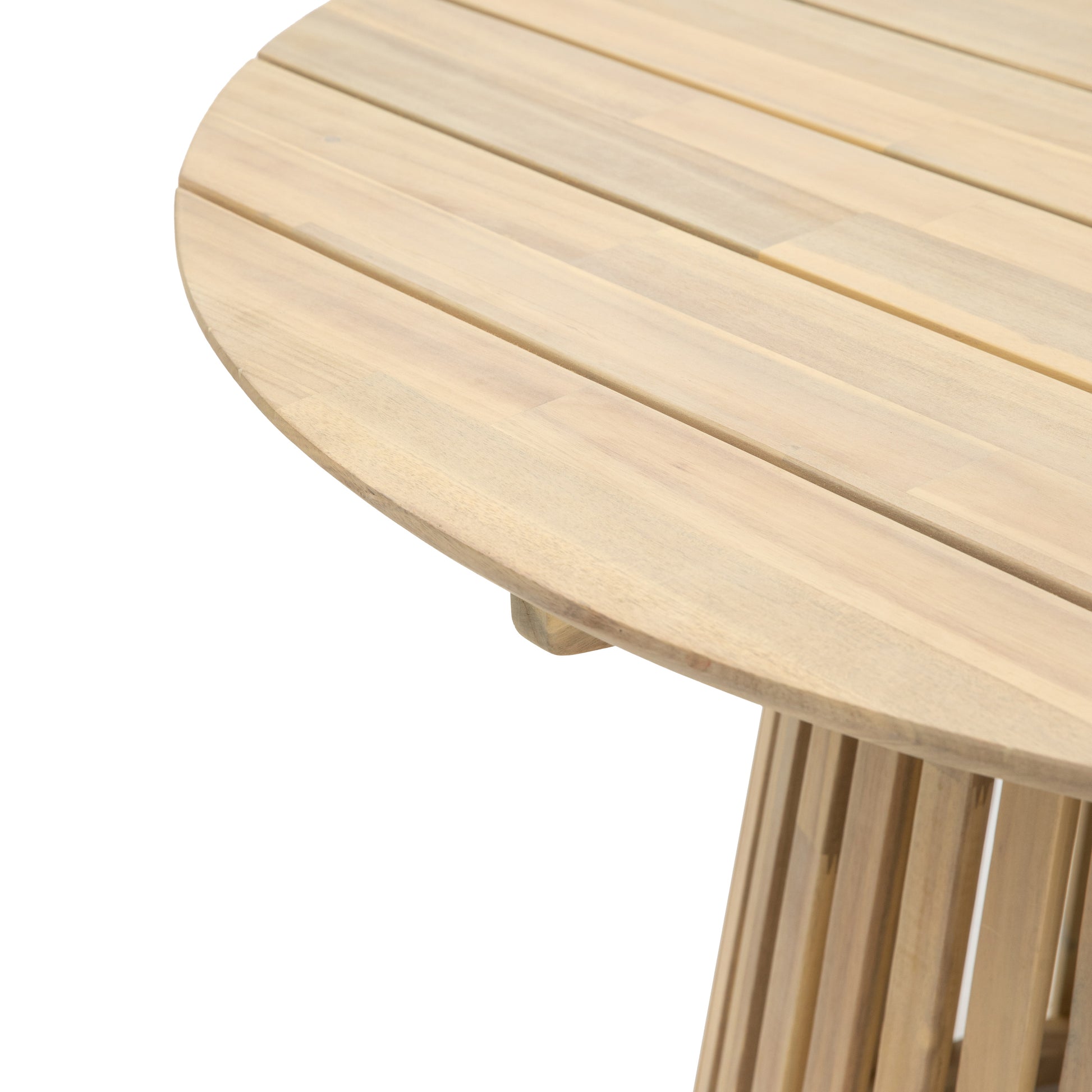 Gallery Garden Rialto Round Dining Table features a slatted table top and striking base in a natural acacia wood