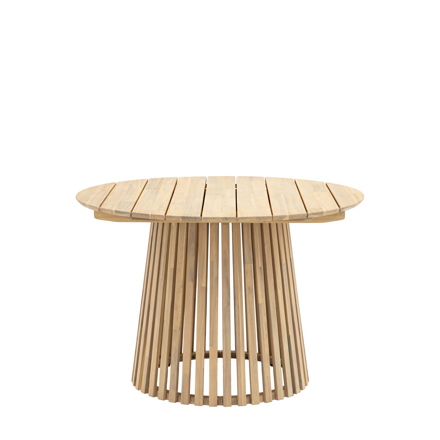 Gallery Garden Rialto 4 Seater Round Dining Table is constructed from a natural acacia wood with slatted table top and curved slatted base