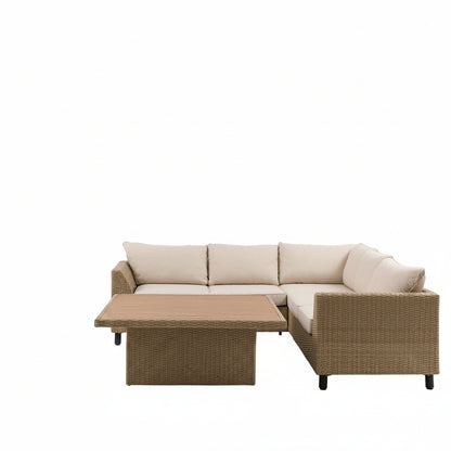 Gallery Garden Salcombe Lounge Set features a cushioned 5 seater corner sofa, two matching cushioned 2 seater benches and a rising table that functions as a coffee table and dining table when required