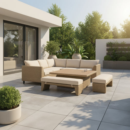 The Gallery Garden Salcombe 9 Seater Outdoor Lounge Set comprises of a 5 seater corner sofa with sumptuous padded cushions, two 2 seater cushioned benches and a square rising table with the dual purpose of both coffee and dining table