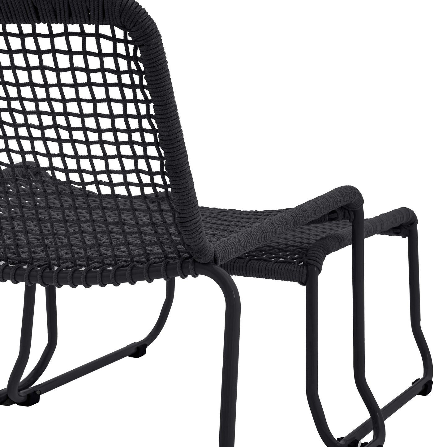 Gallery Garden Sassano Black Lounge Chair with matching footstool, constructed from a robust metal frame and woven rope seat and backrest