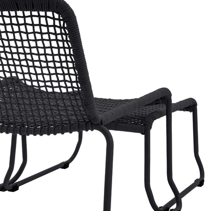 Gallery Garden Sassano Black Lounge Chair with matching footstool, constructed from a robust metal frame and woven rope seat and backrest