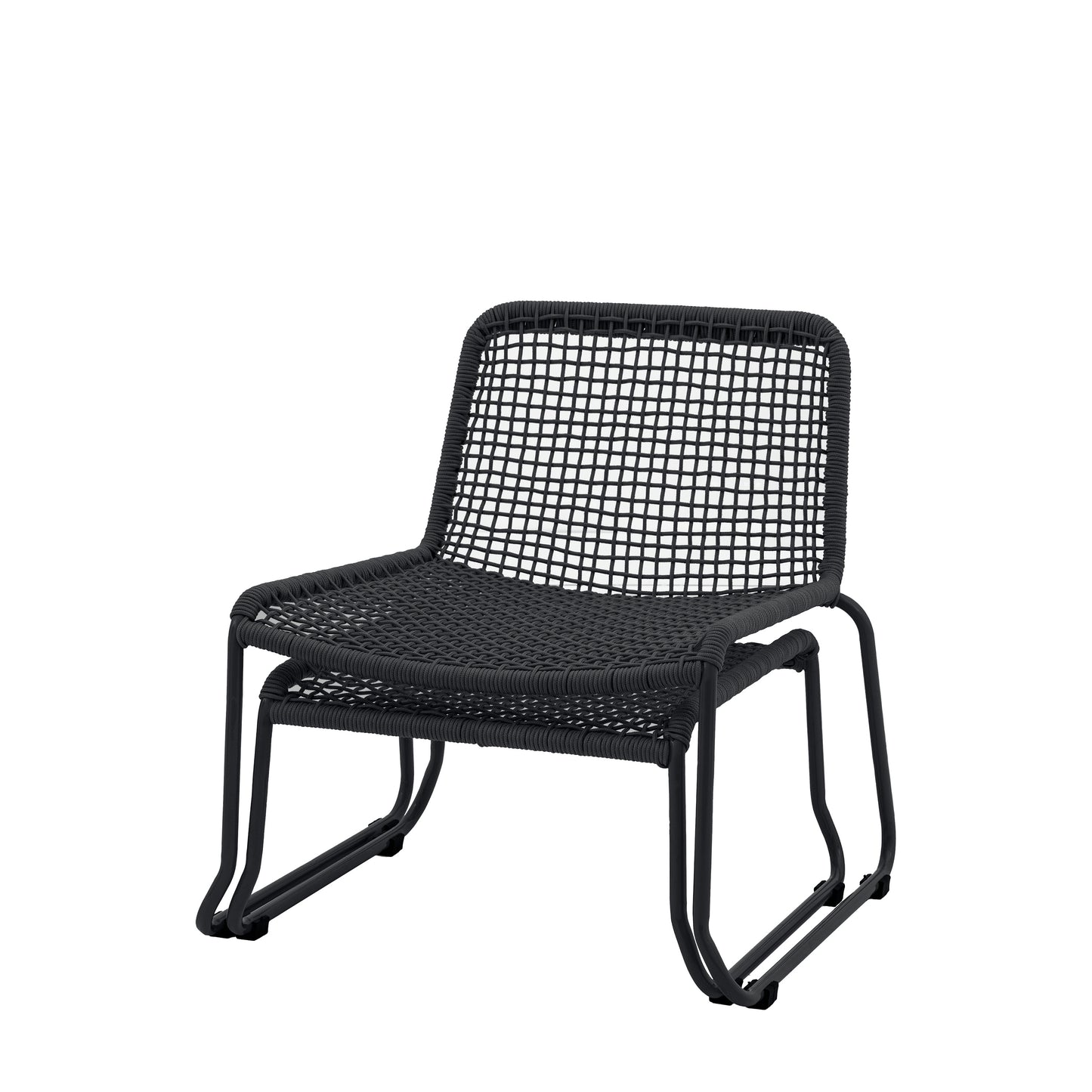 Gallery Garden Sassano Lounge Chair with matching footstool in a Black metal frame with woven rope seat and backrest