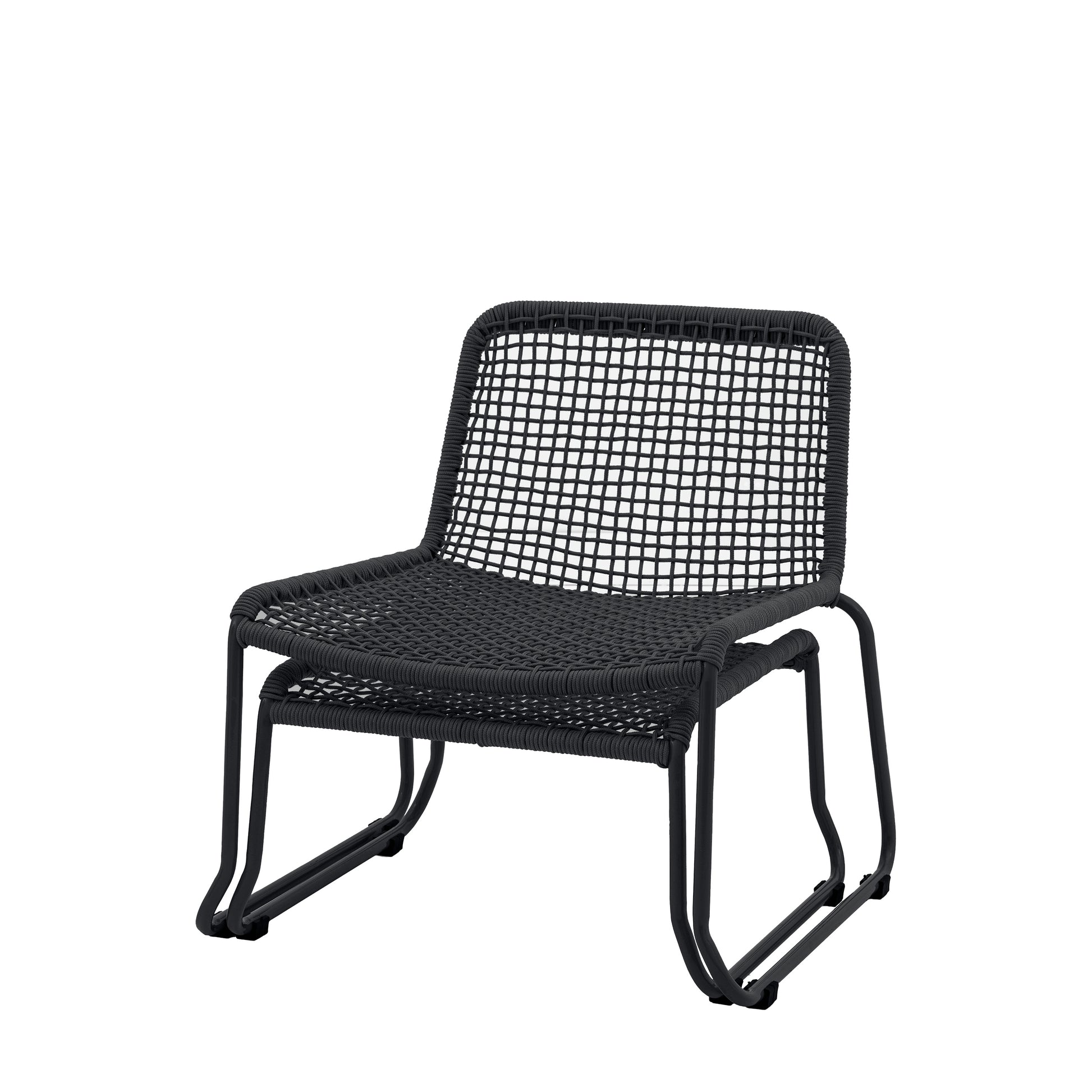 Gallery Garden Sassano Lounge Chair with matching footstool in a Black metal frame with woven rope seat and backrest