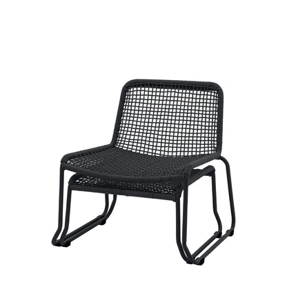 Gallery Garden Sassano Lounge Chair with matching footstool in a Black metal frame with woven rope seat and backrest