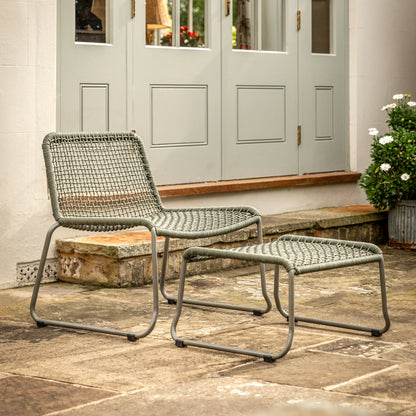 Gallery Garden Sassano Lounge Chair with matching Footstool in Green, constructed from a robust steel frame and a woven rope seat and backrest