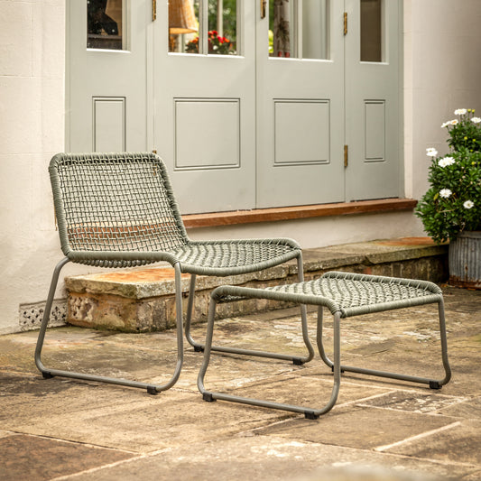 Gallery Garden Sassano Lounge Chair with matching Footstool in Green, constructed from a robust steel frame and a woven rope seat and backrest