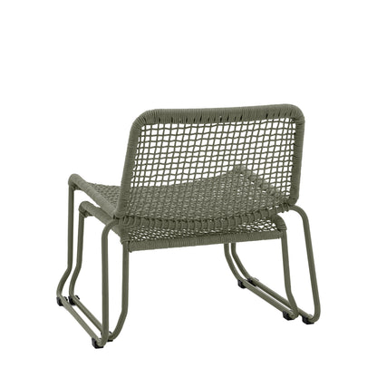 Gallery Garden Sassano Green Lounge Chair with matching Footstool features a robust metal frame and woven rope seat and back