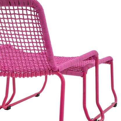 Gallery Garden Sassano Lounge Chair in striking pink features a steel frame with rope woven seat and back and a matching Footstool 