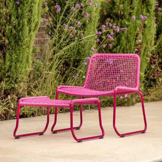 Gallery Garden Sassano Lounge Chair with Footstool in a striking Pink colour engineered with a robust steel frame and woven rope seat and back rest