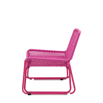 Gallery Garden Sassano Lounge Chair with Footstool in Pink is constructed from a rope woven seat and backrest with a robust steel frame