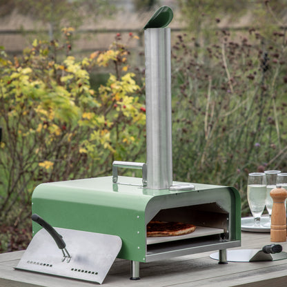 Gallery Garden Sassari Green Pellet Fed Pizza Oven with stainless steel tall chimney and a ceramic oven tray