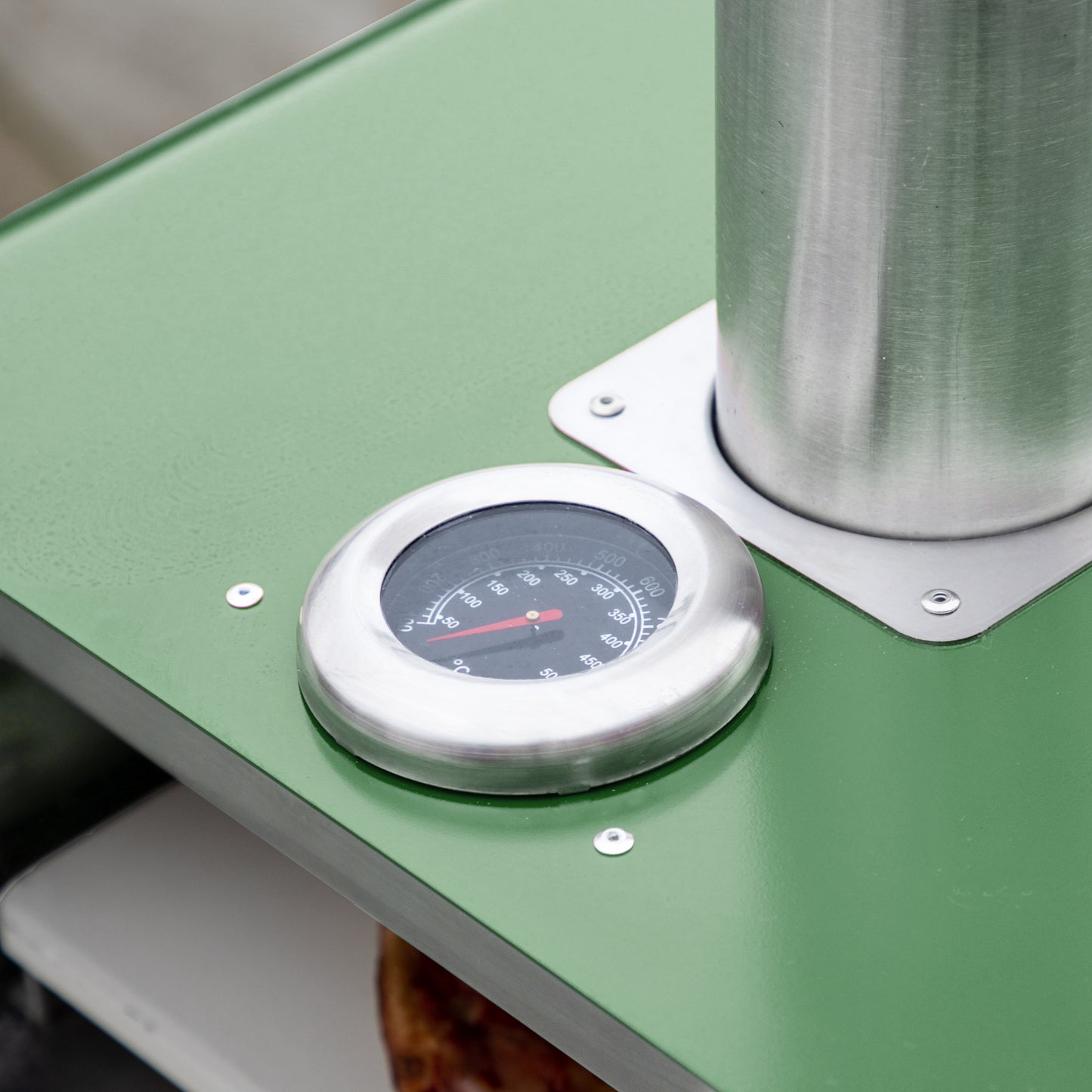 Gallery Garden Sassari Green Pellet Fed  Pizza Oven with stainless steel tall chimney and temperature gauge