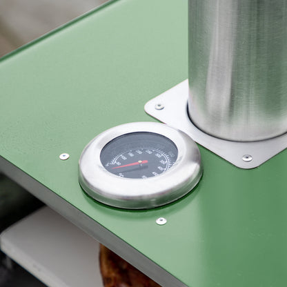 Gallery Garden Sassari Green Pellet Fed  Pizza Oven with stainless steel tall chimney and temperature gauge