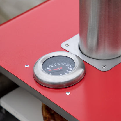 Gallery Garden Sassari Pellet Pizza Oven in Red and stainless steel, with tall chimney and temperature gauge